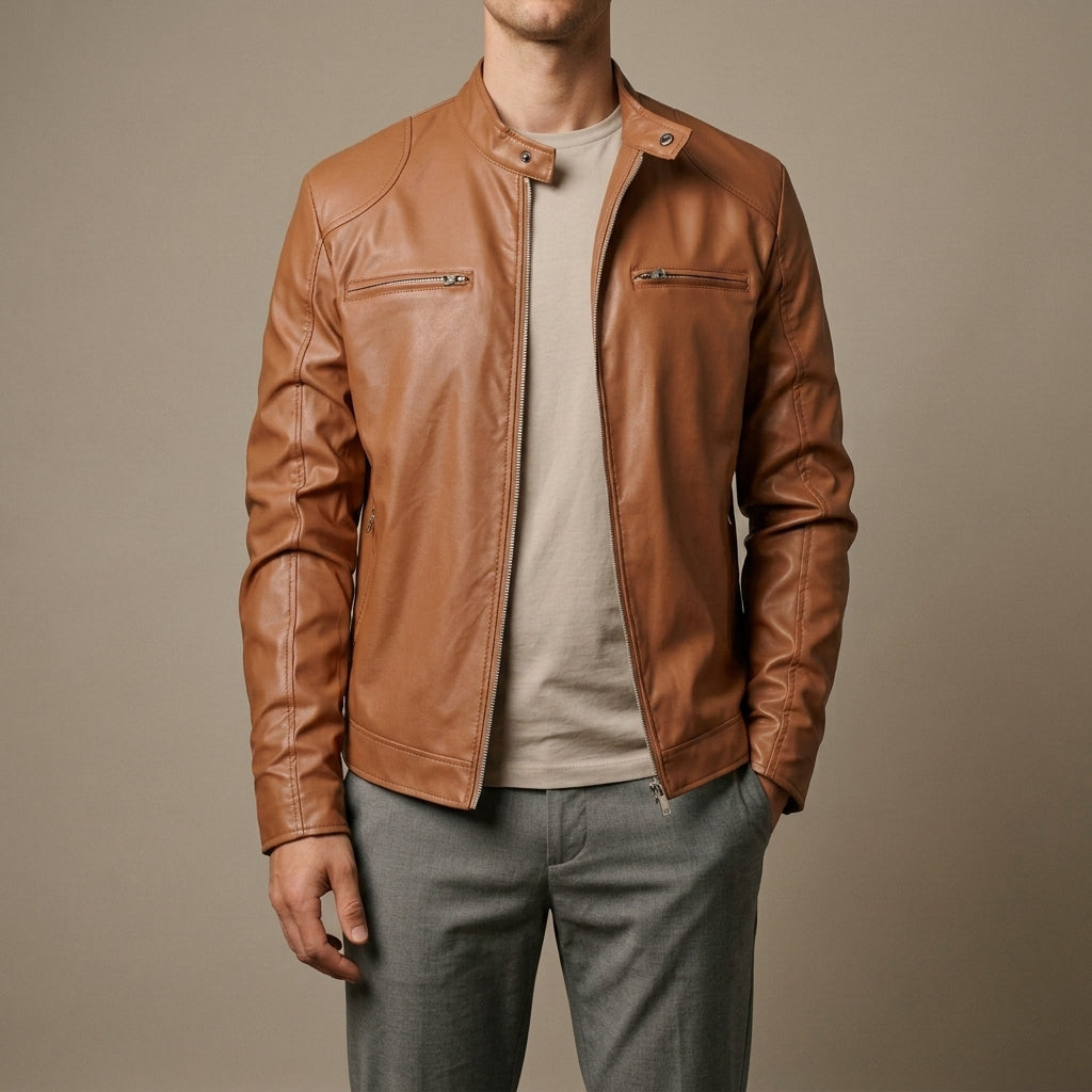 Men's Leather Moto Jacket with Zip Chest Pockets