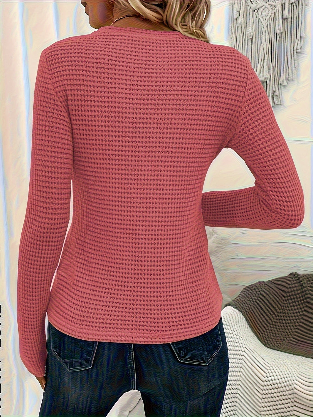 Women's Sleek Waffle Knit Long Sleeve Sweater