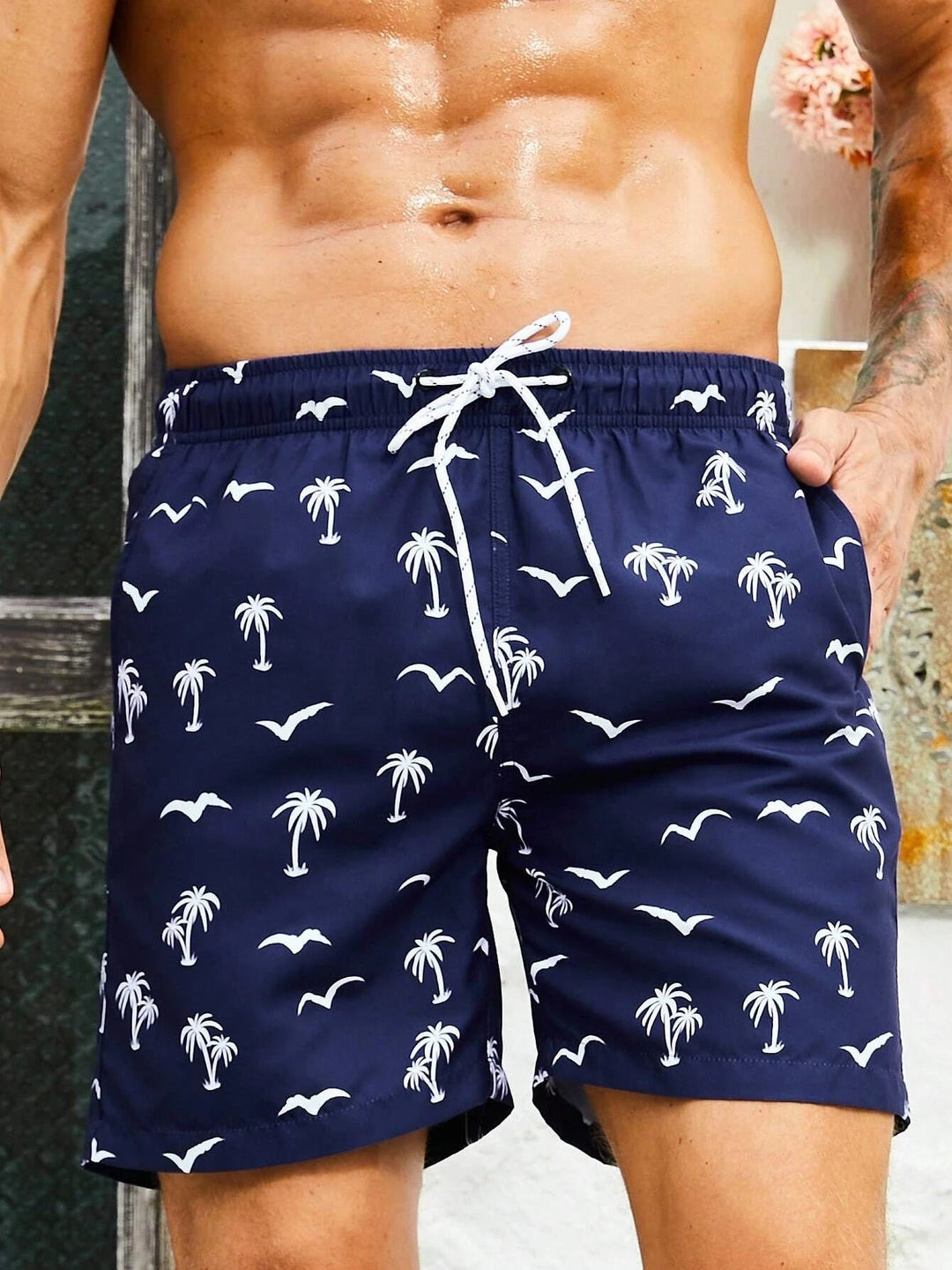 Men's Palm Print Bathing Shorts for Summer Style