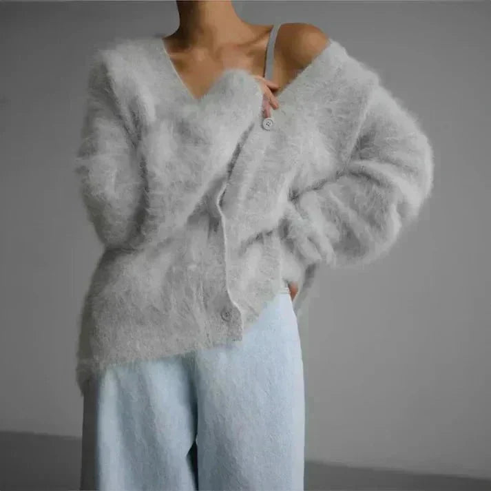 Women's Stylish Cozy Dove Grey V-Neck Cardigan
