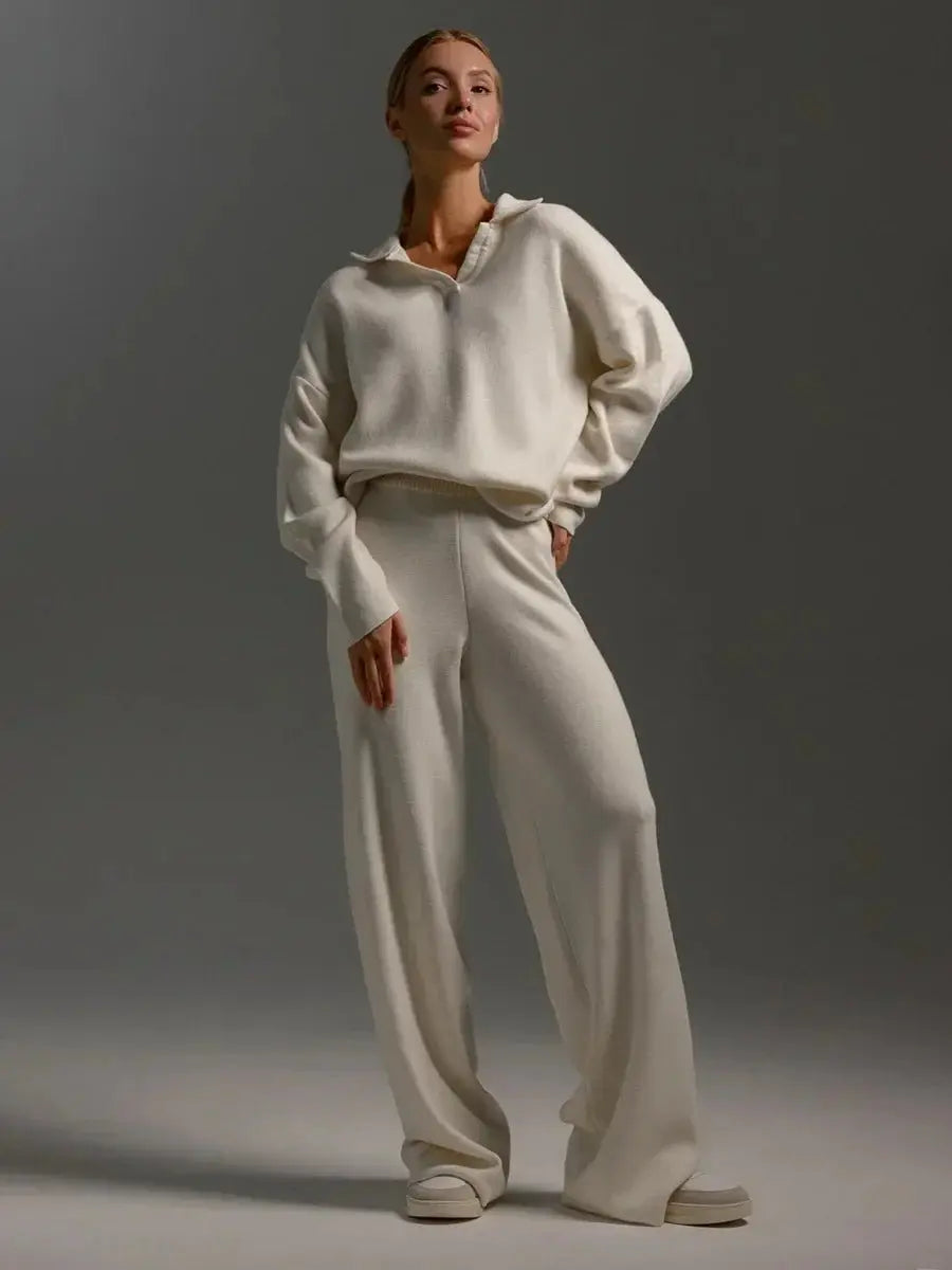 Women's Oversized Collared Lounge Set with Wide-Leg Pants