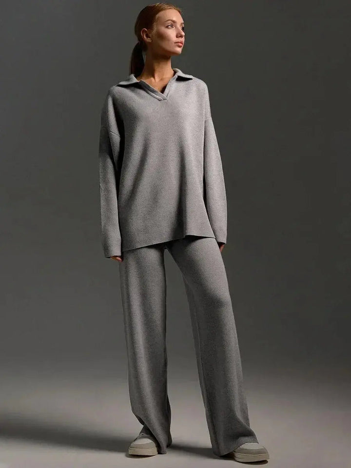 Women's Oversized Collared Lounge Set with Wide-Leg Pants
