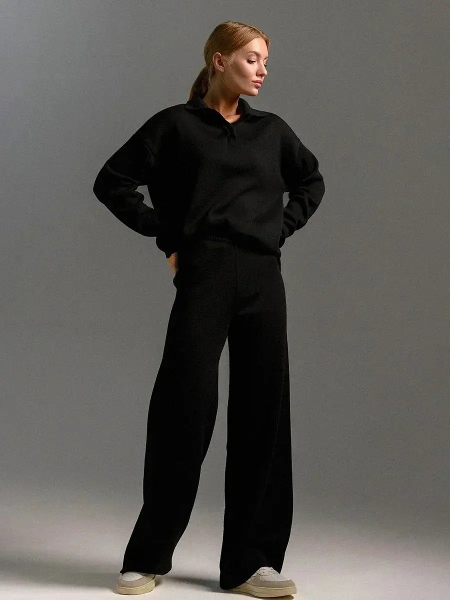 Women's Oversized Collared Lounge Set with Wide-Leg Pants