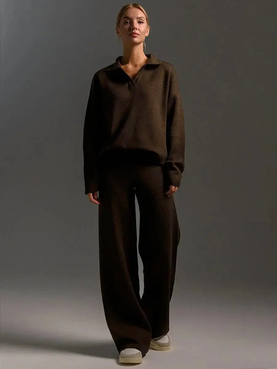 Women's Oversized Collared Lounge Set with Wide-Leg Pants