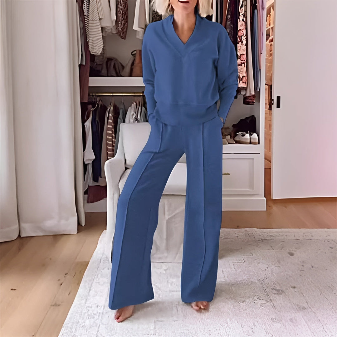 Women's V-Neck Pullover Tracksuit Set with Wide-Leg Pants