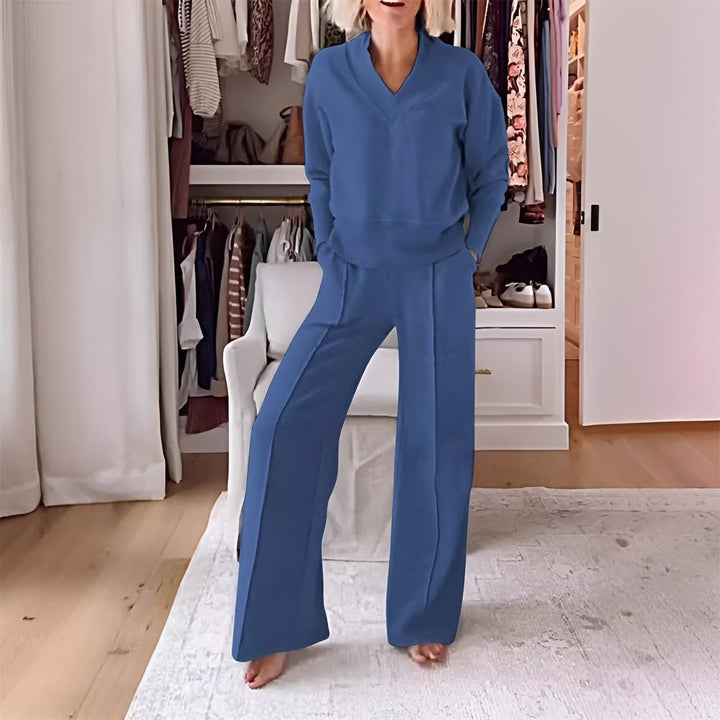 Women's V-Neck Pullover Tracksuit Set with Wide-Leg Pants