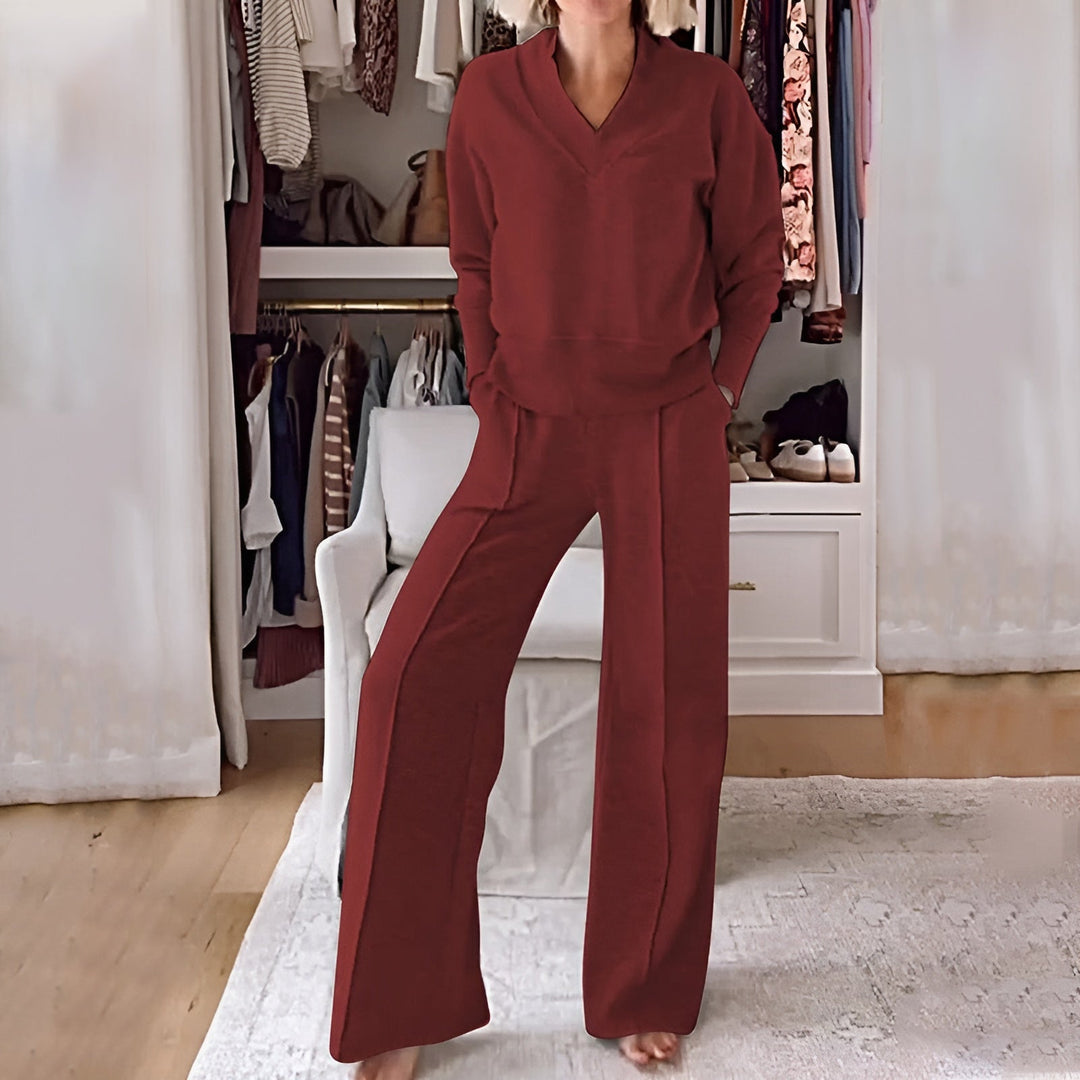 Women's V-Neck Pullover Tracksuit Set with Wide-Leg Pants