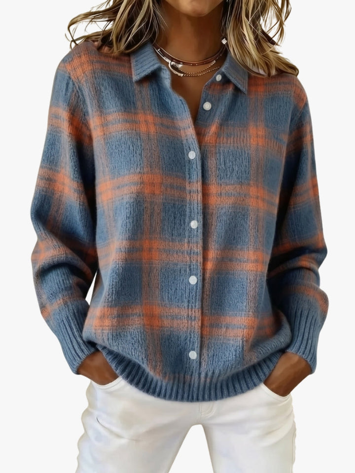 Women's Plaid Button-Up Cardigan Shirt with Ribbed Hem