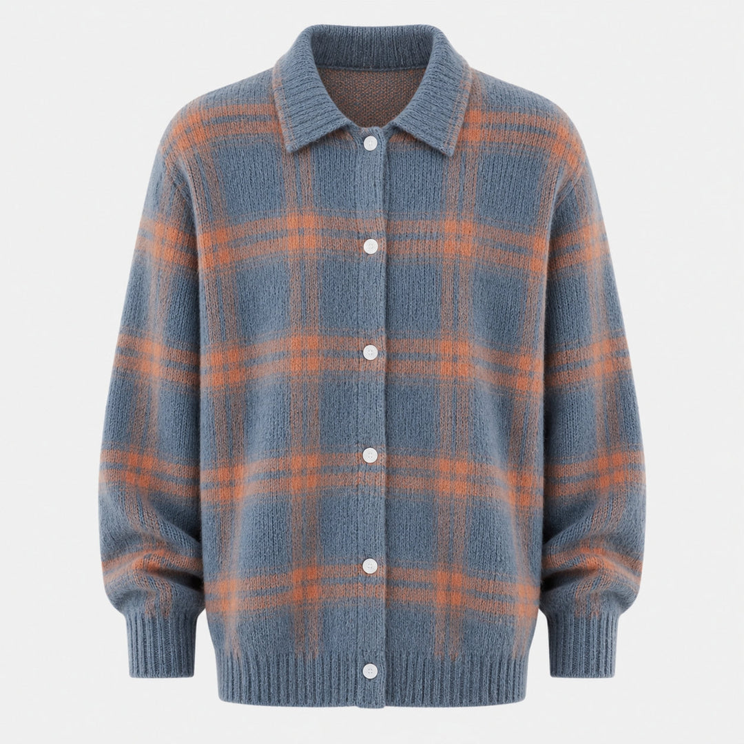 Women's Plaid Button-Up Cardigan Shirt with Ribbed Hem