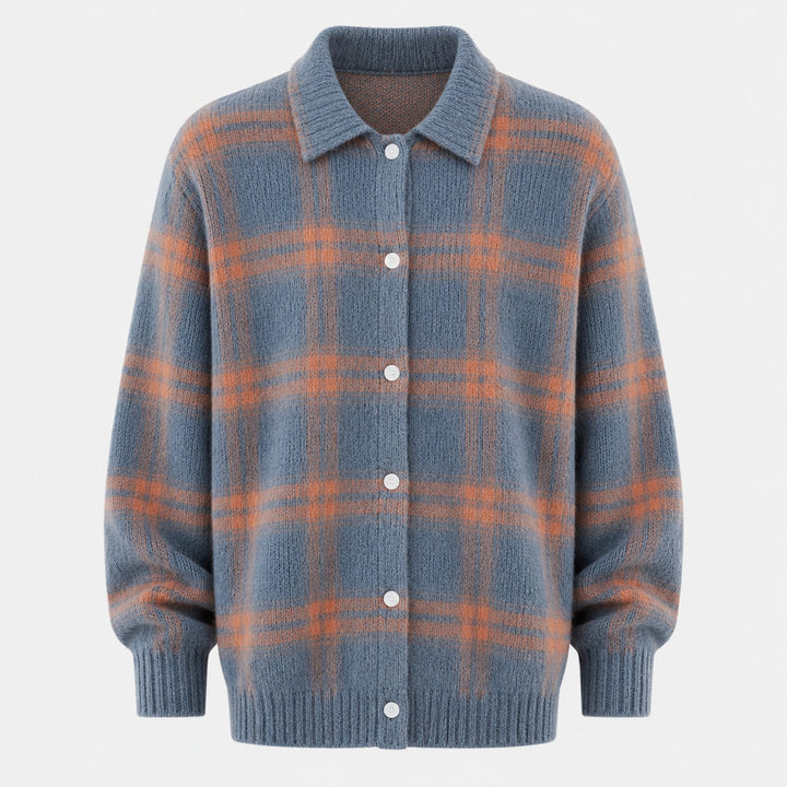 Women's Plaid Button-Up Cardigan Shirt with Ribbed Hem