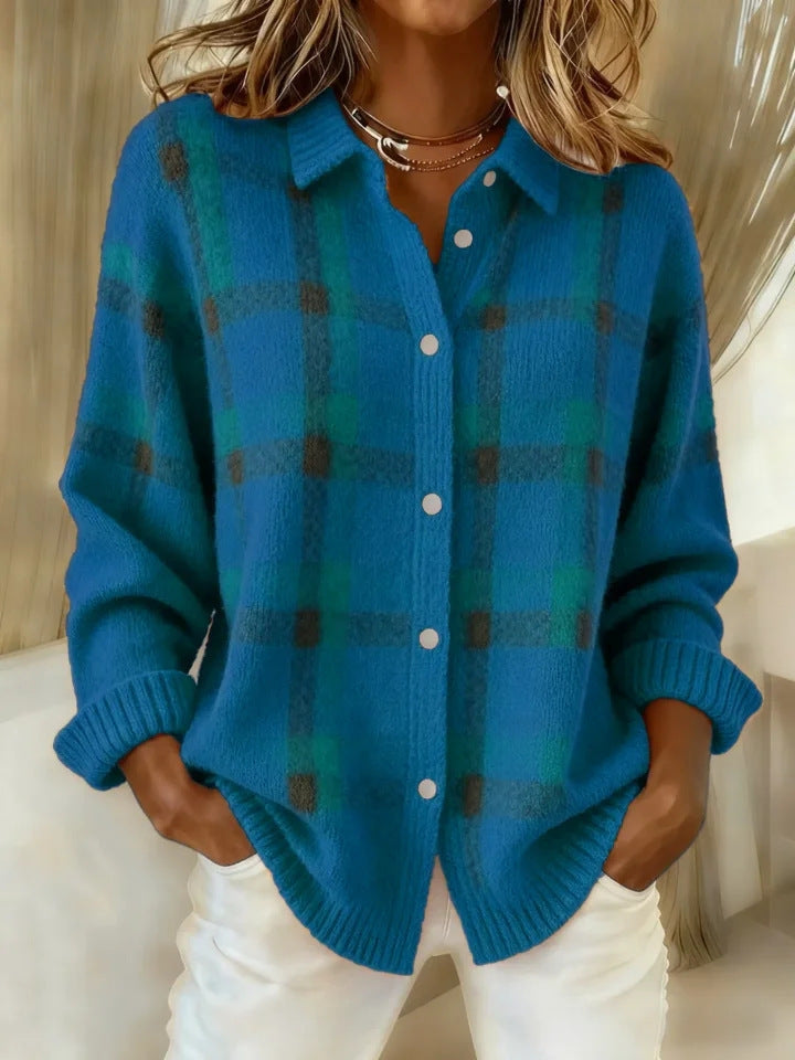 Women's Plaid Button-Up Cardigan Shirt with Ribbed Hem