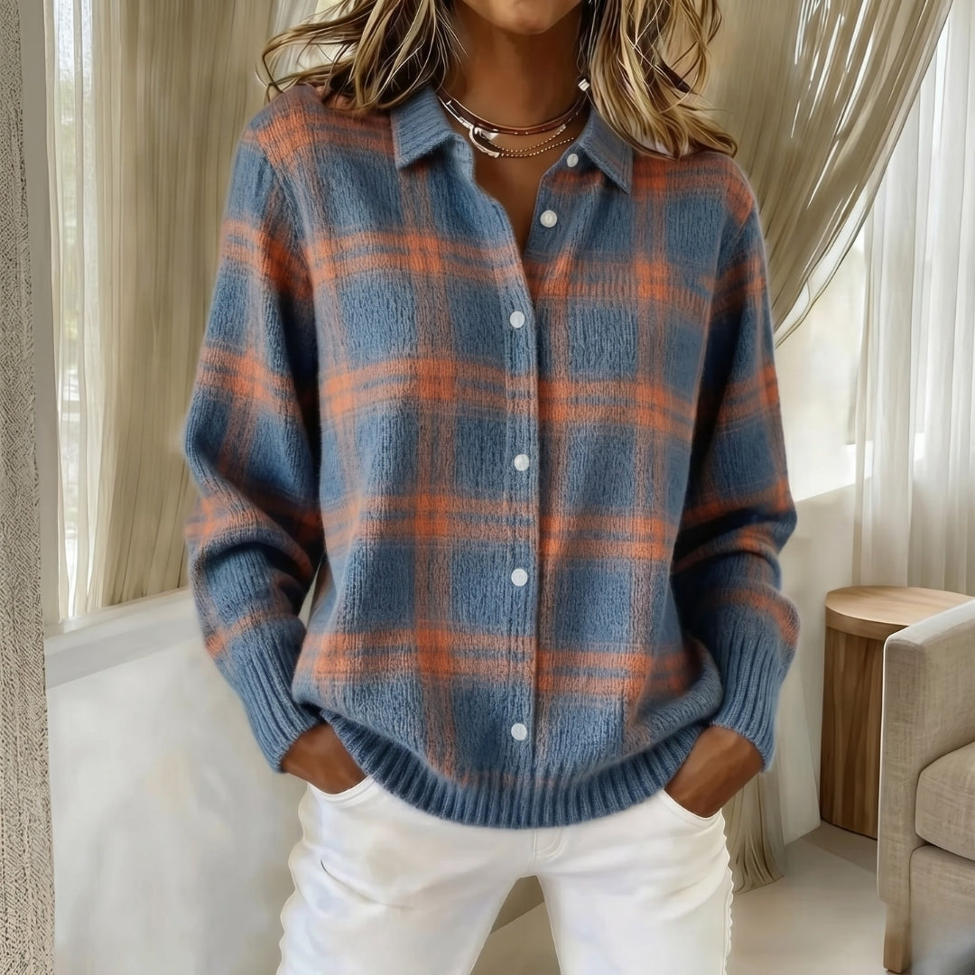 Women's Plaid Button-Up Cardigan Shirt with Ribbed Hem