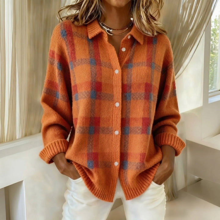 Women's Plaid Button-Up Cardigan Shirt with Ribbed Hem