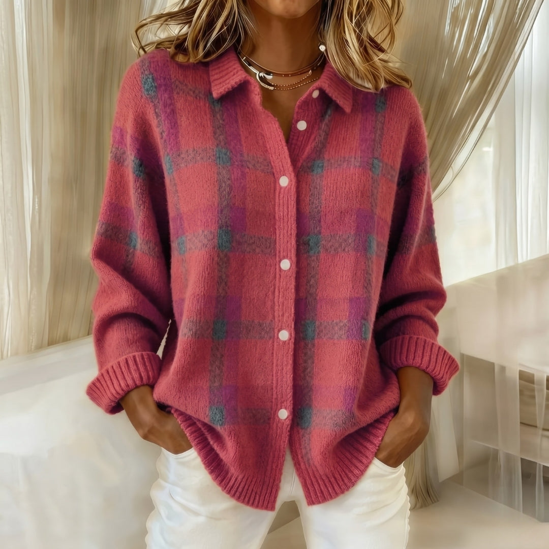 Women's Plaid Button-Up Cardigan Shirt with Ribbed Hem
