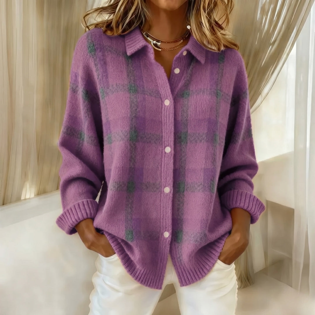 Women's Plaid Button-Up Cardigan Shirt with Ribbed Hem