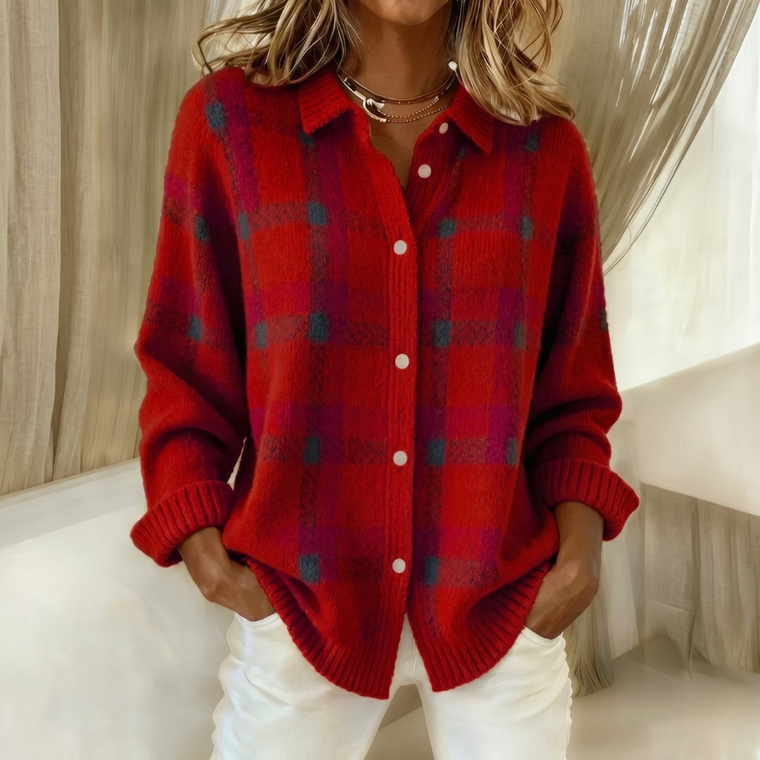 Women's Plaid Button-Up Cardigan Shirt with Ribbed Hem