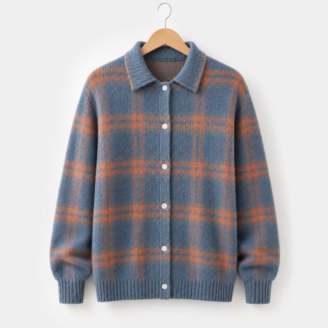 Women's Plaid Button-Up Cardigan Shirt with Ribbed Hem
