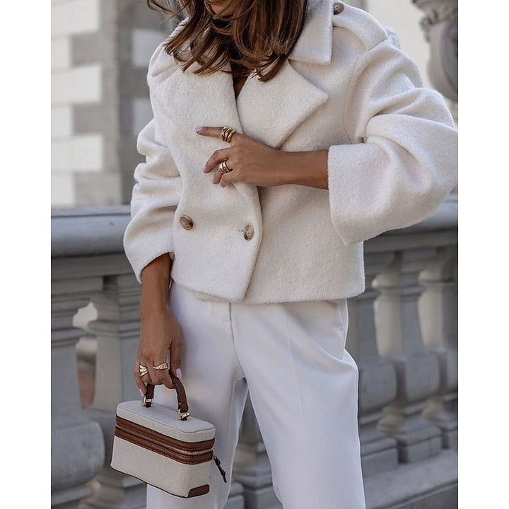Women's Cropped Coat with Turndown Collar and Front Buttons