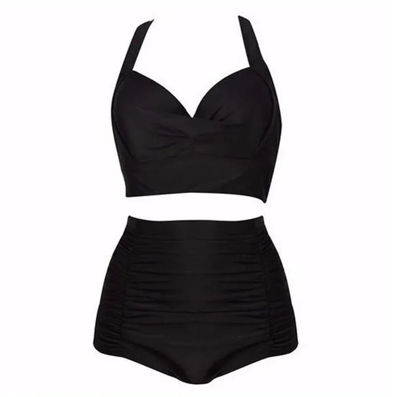 Alina | Women's Black Halter Top High Waist Bikini Set
