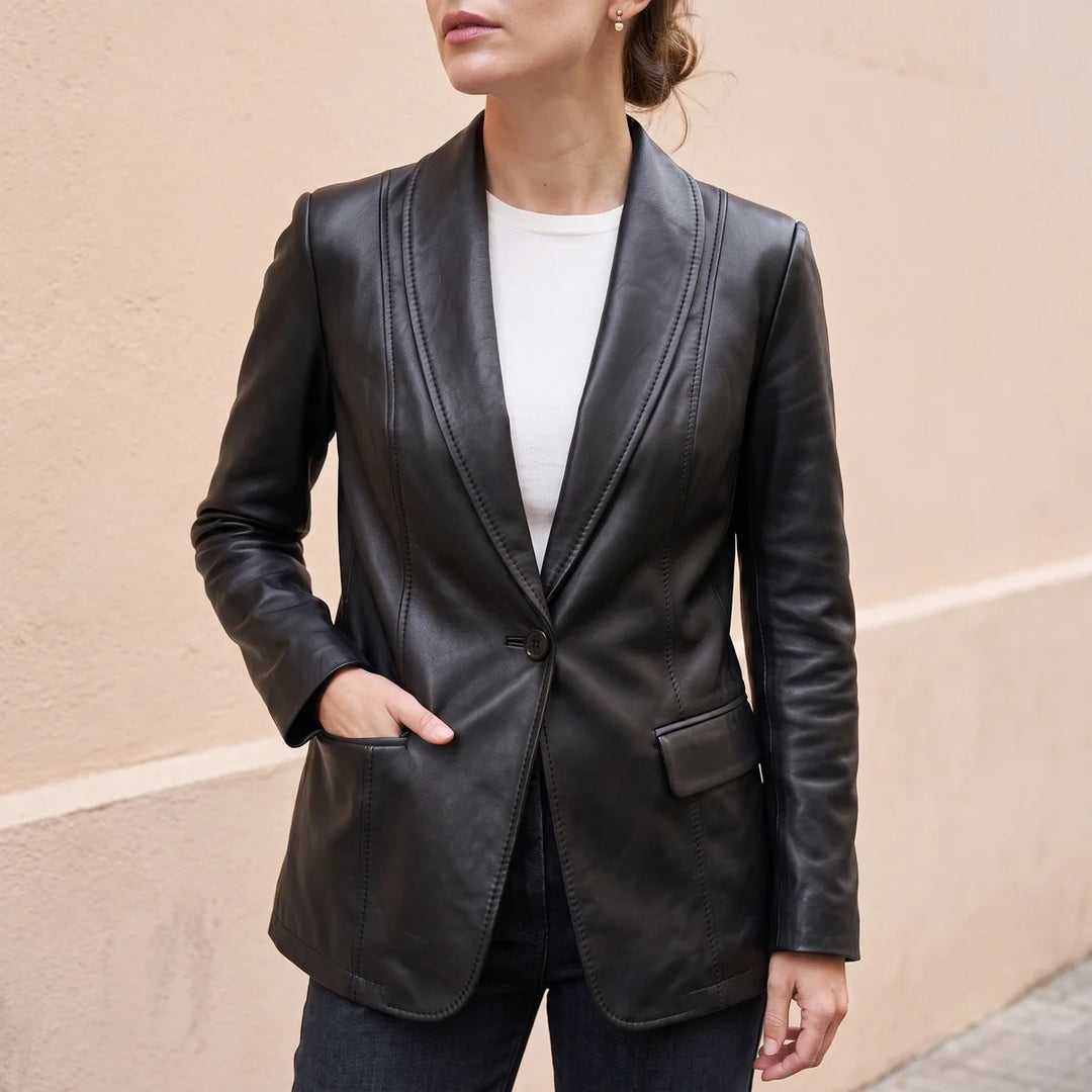 Women's Vegan Leather Shawl Collar Longline Blazer