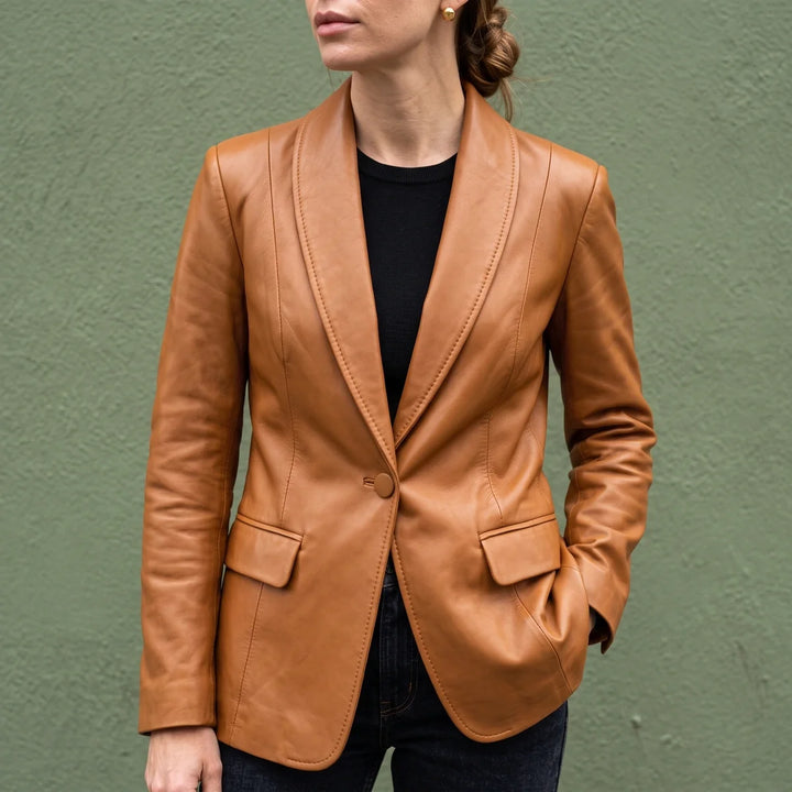 Women's Vegan Leather Shawl Collar Longline Blazer