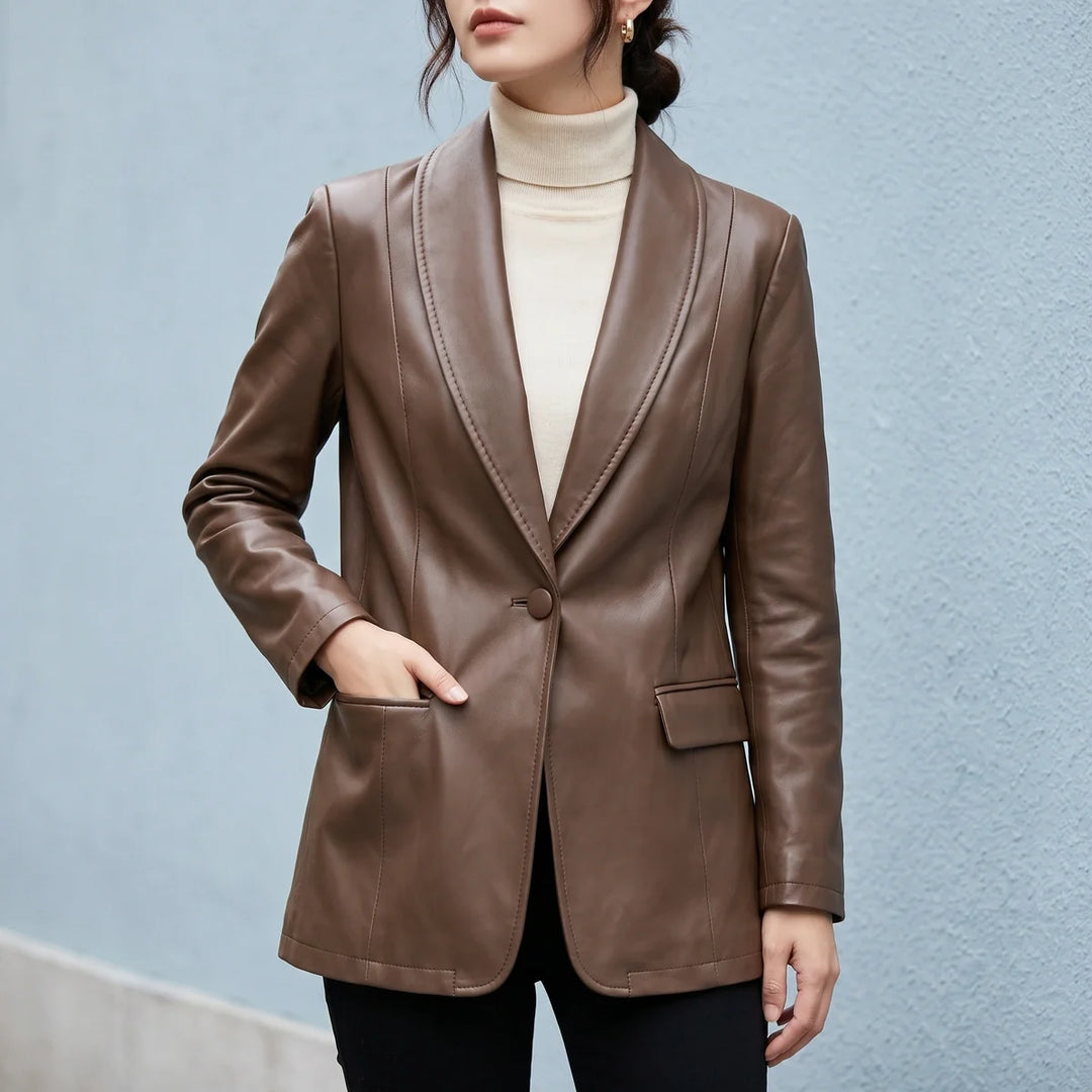 Women's Vegan Leather Shawl Collar Longline Blazer