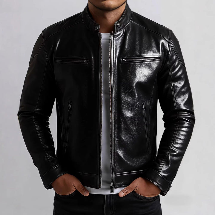 Men's Faux Leather Zip-Up Biker Jacket with Pockets