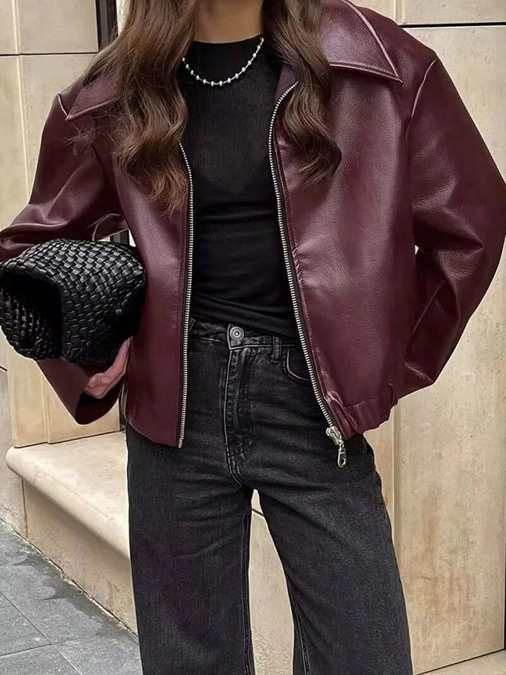 Women's Burgundy Faux Leather Biker Jacket