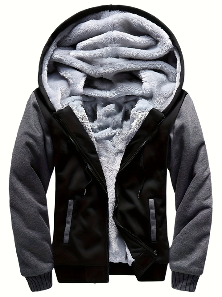 Men's Warm Fleece Hooded Jacket, Casual Color Block Coat for Winter