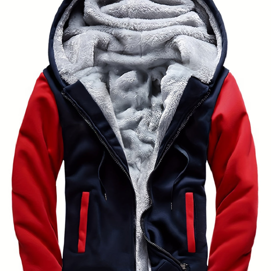 Men's Warm Fleece Hooded Jacket, Casual Color Block Coat for Winter