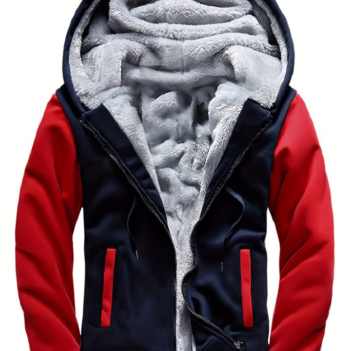 Men's Warm Fleece Hooded Jacket, Casual Color Block Coat for Winter