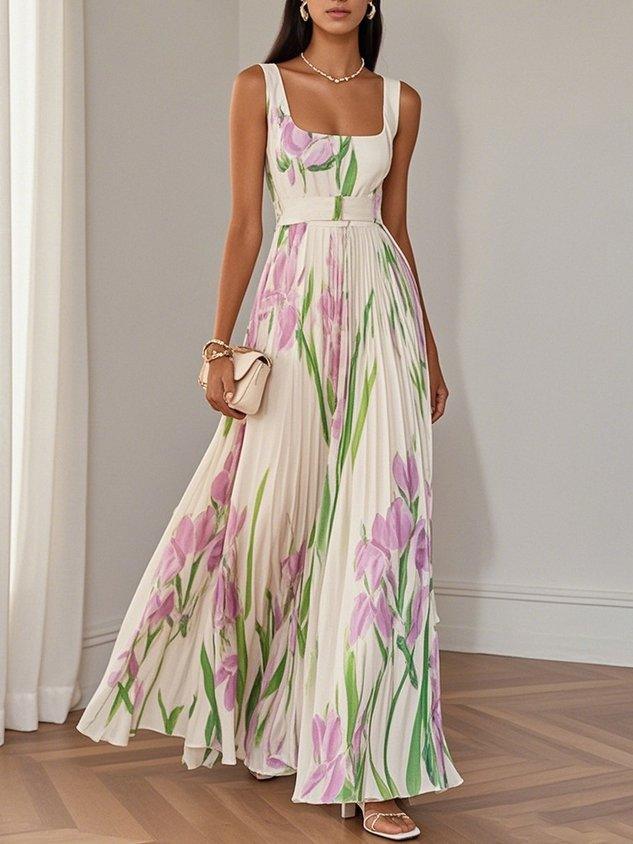Marie | Women's White Floral Chiffon Pleated Maxi Dress-Trendy 4 Fit