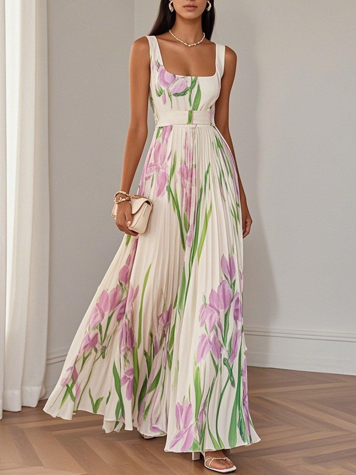 Marie | Women's White Floral Chiffon Pleated Maxi Dress-Trendy 4 Fit