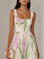 Marie | Women's White Floral Chiffon Pleated Maxi Dress-Trendy 4 Fit