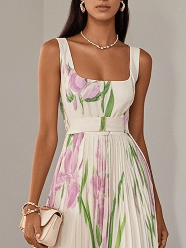 Marie | Women's White Floral Chiffon Pleated Maxi Dress-Trendy 4 Fit