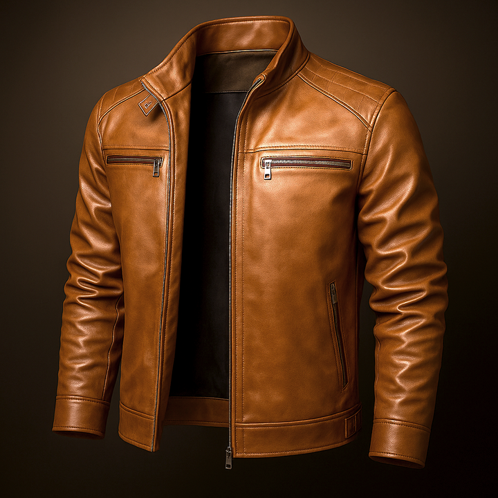 Men's Zip-Up Leather Jacket with Chest Pockets
