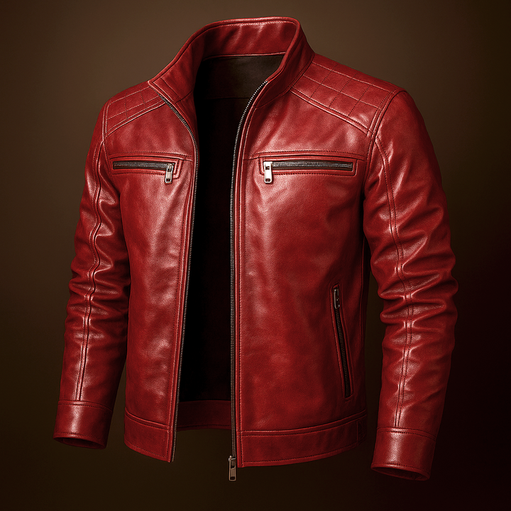 Men's Zip-Up Leather Jacket with Chest Pockets
