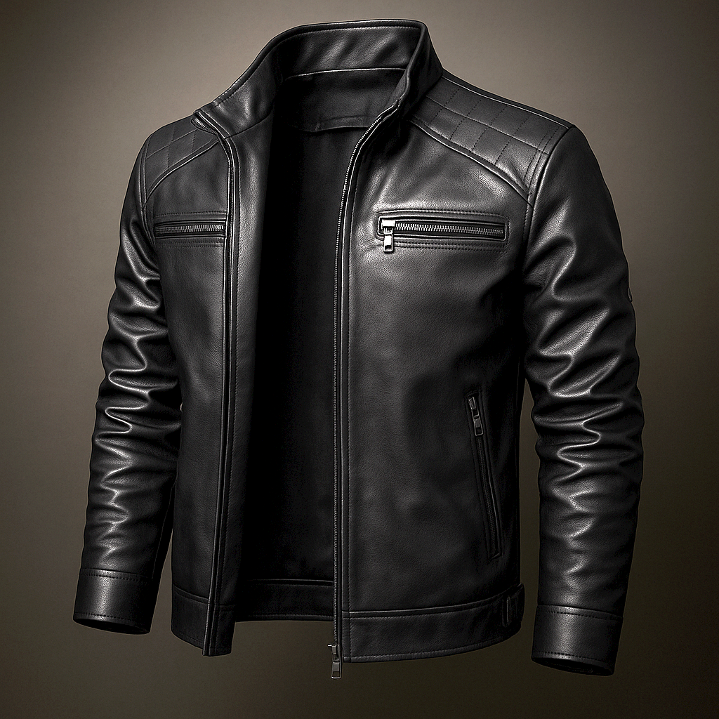 Men's Zip-Up Leather Jacket with Chest Pockets