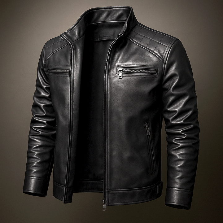 Men's Zip-Up Leather Jacket with Chest Pockets