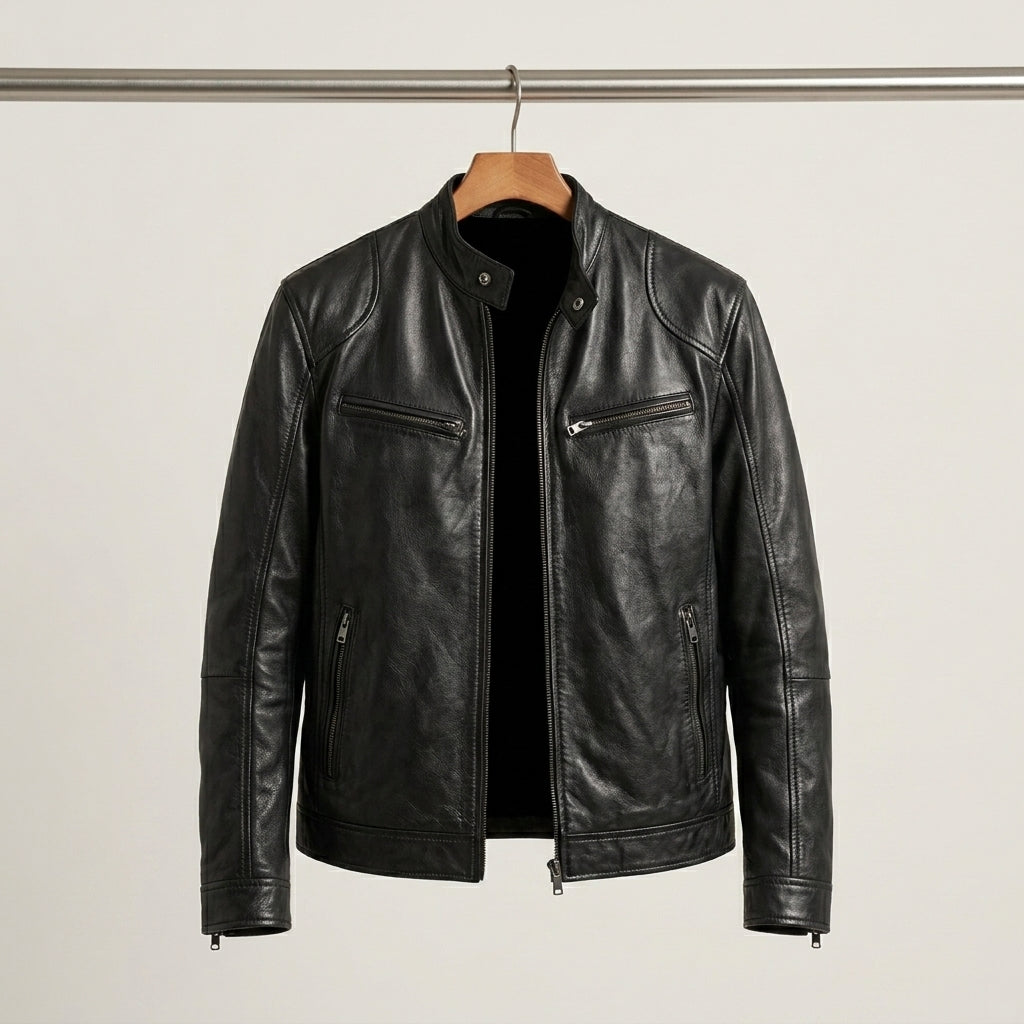 Men's Zip-Front Leather Jacket with Chest Pockets