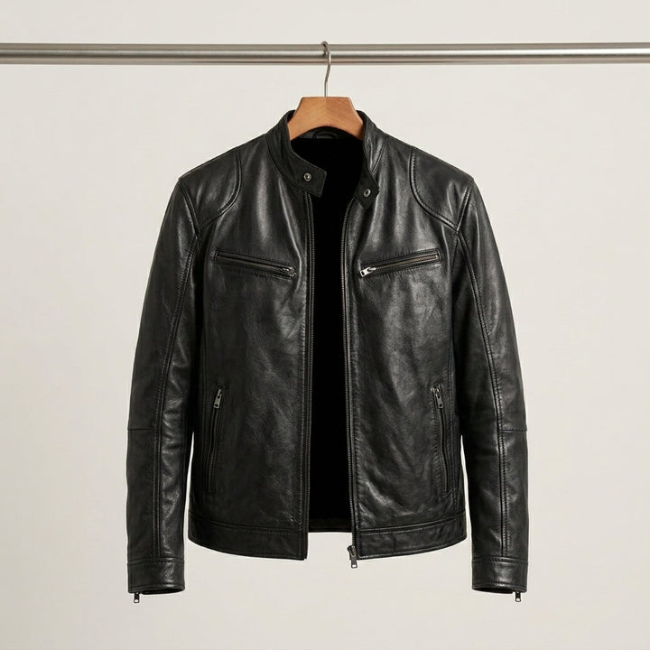 Men's Zip-Front Leather Jacket with Chest Pockets