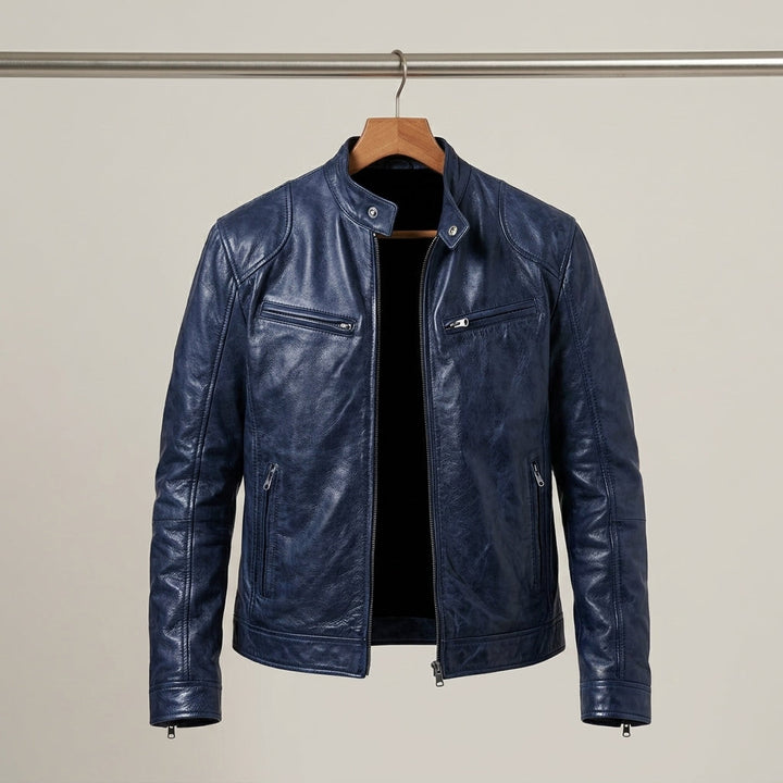Men's Zip-Front Leather Jacket with Chest Pockets