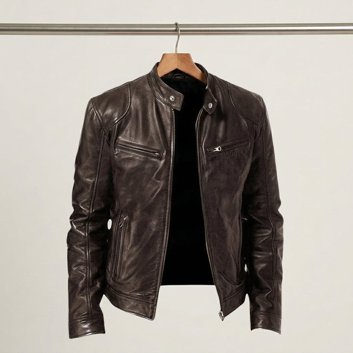 Men's Zip-Front Leather Jacket with Chest Pockets
