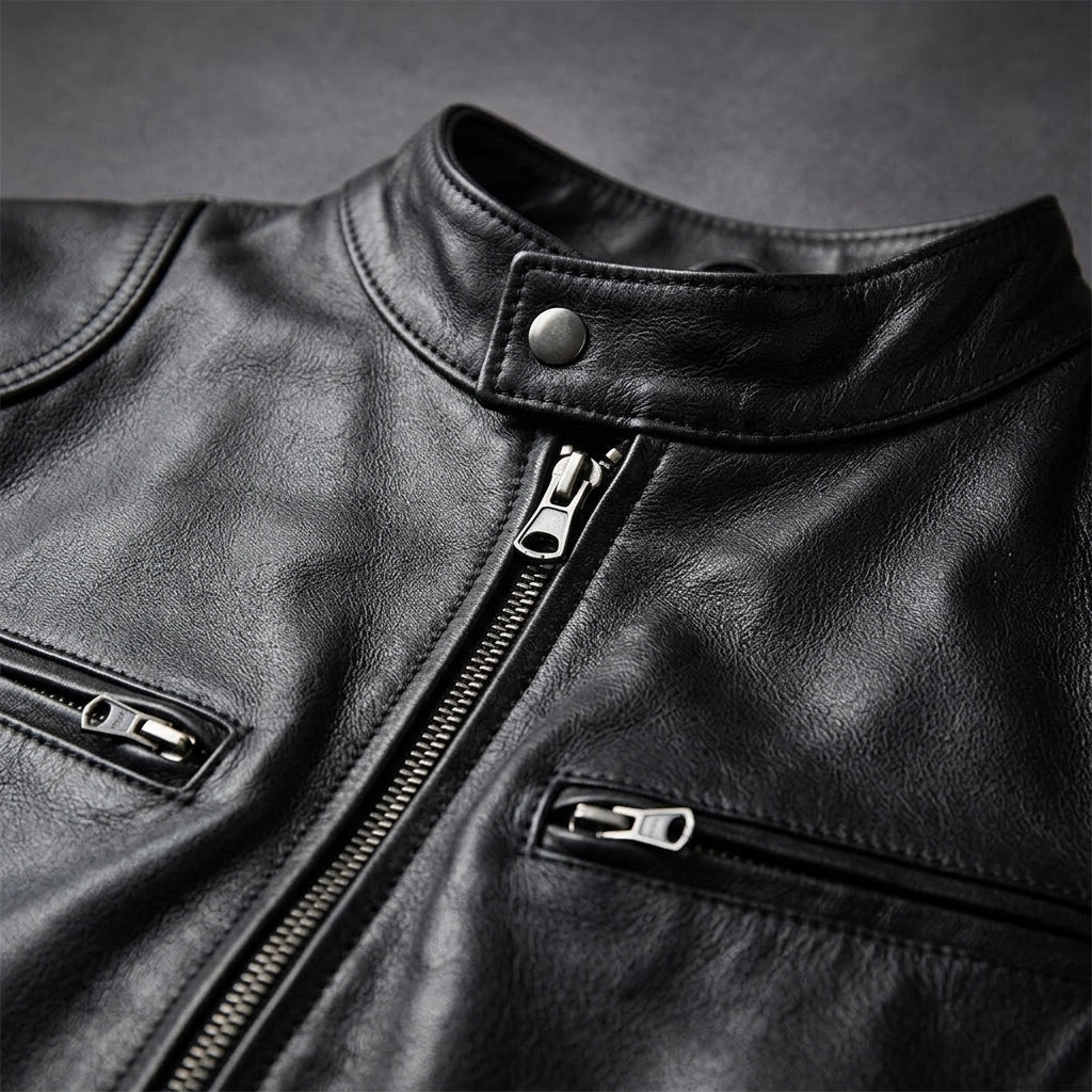 Men's Zip-Front Leather Jacket with Chest Pockets