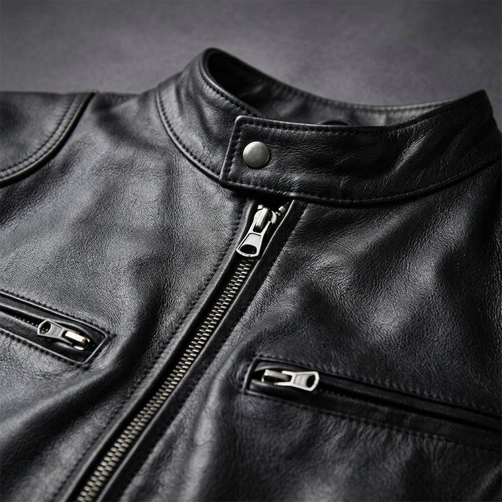 Men's Zip-Front Leather Jacket with Chest Pockets