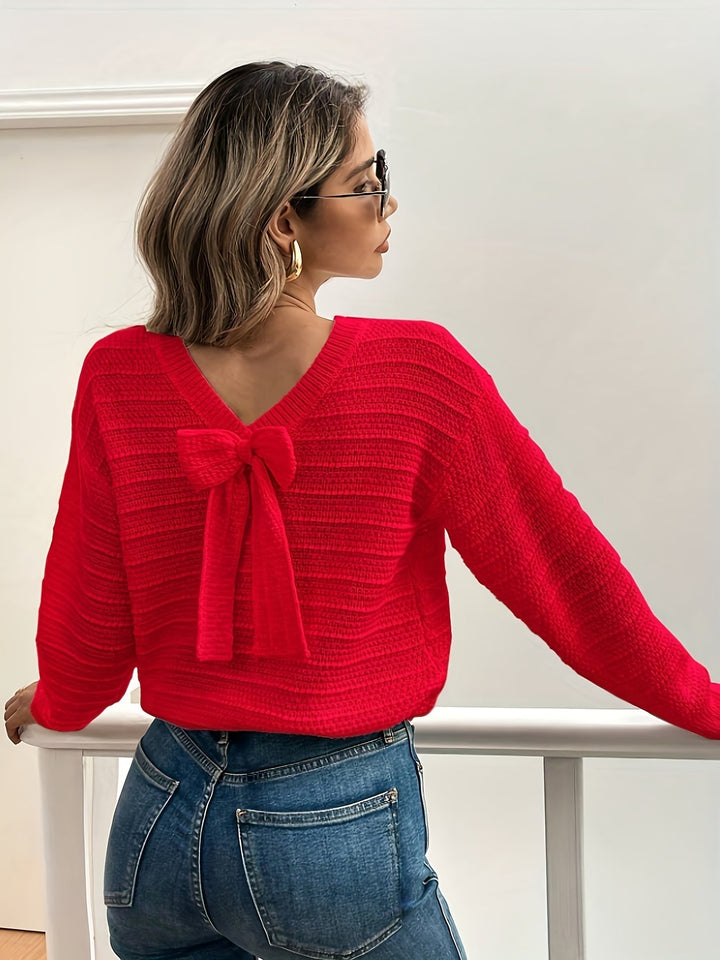Women's Cable Knit Sweater with Back Bow Detail