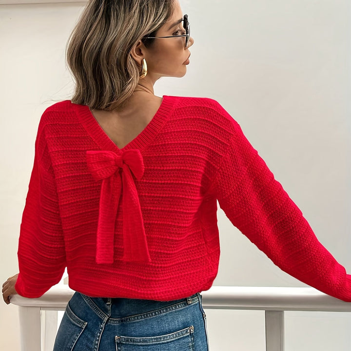 Women's Cable Knit Sweater with Back Bow Detail