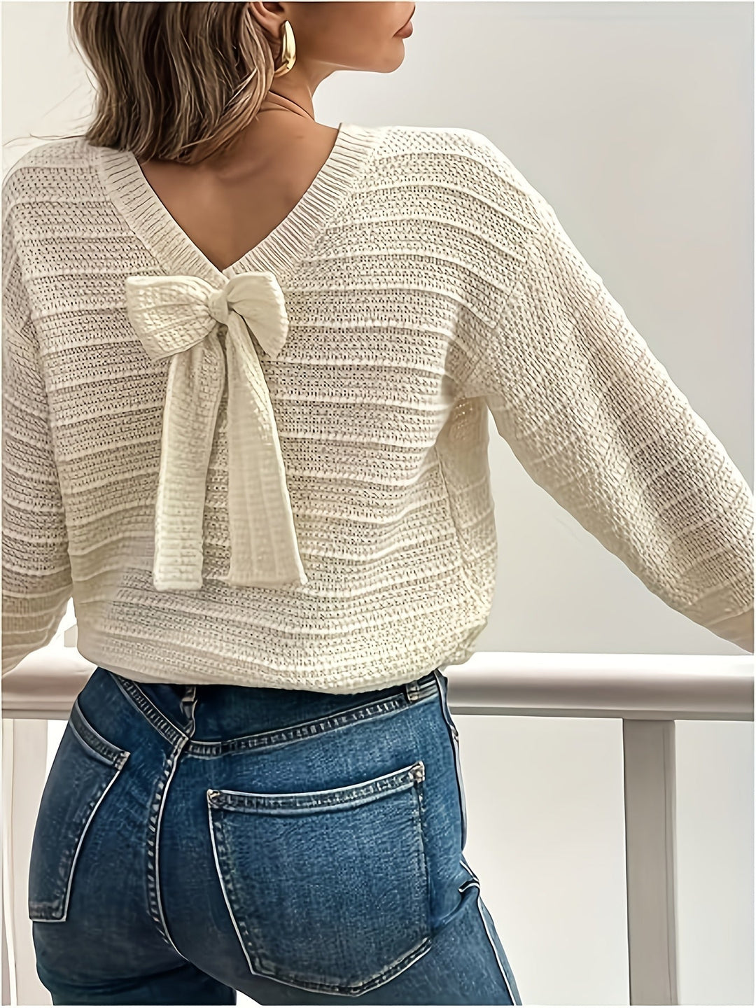 Women's Cable Knit Sweater with Back Bow Detail