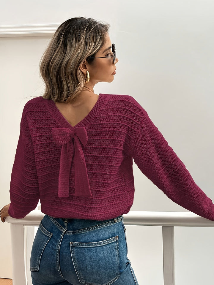 Women's Cable Knit Sweater with Back Bow Detail