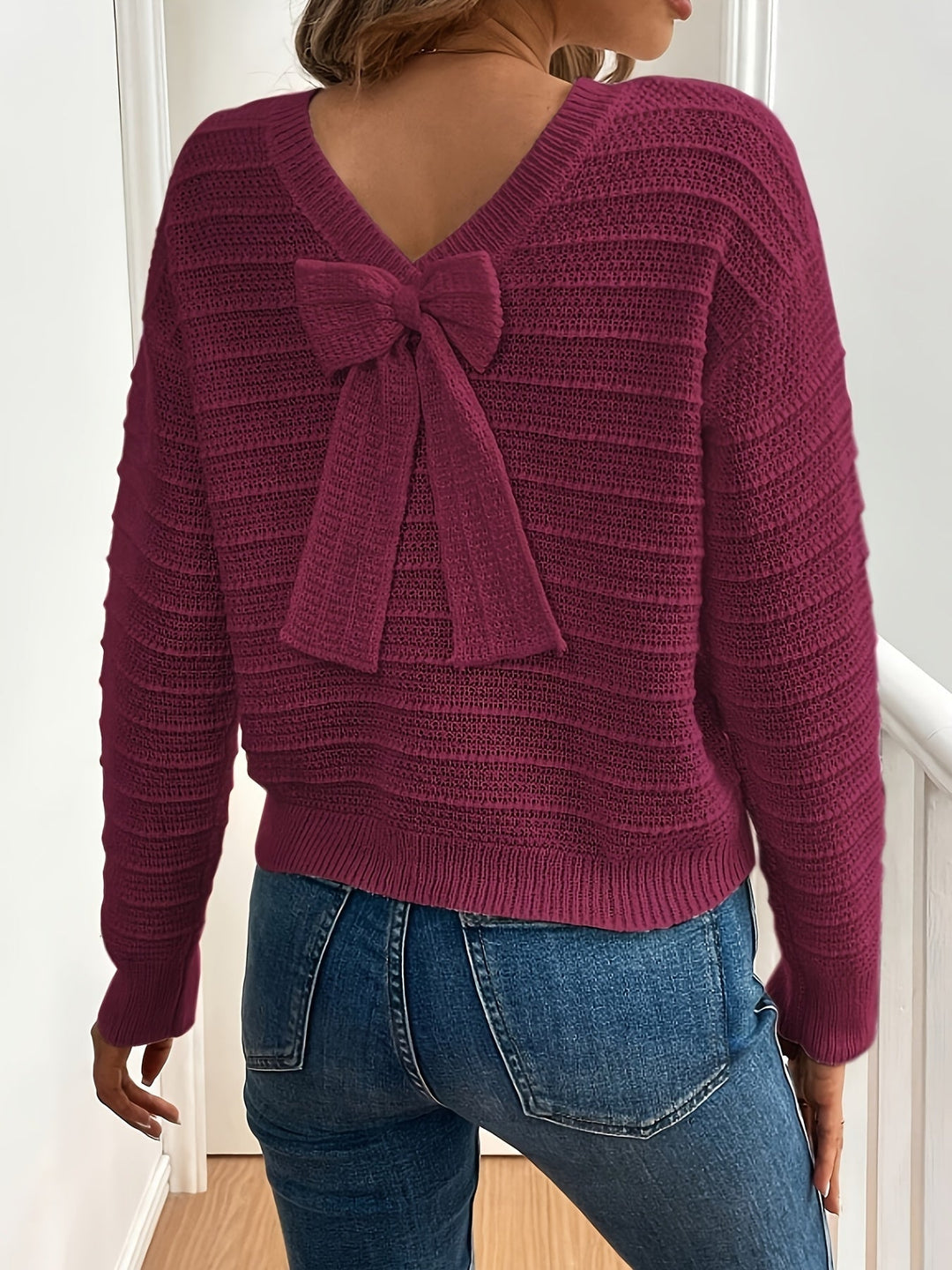 Women's Cable Knit Sweater with Back Bow Detail